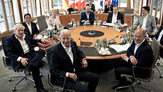 G7 leaders from Britain, Canada, France, Germany, Italy, Japan and the US at Bavaria's Schloss Elmau castle on June 28, 2022.