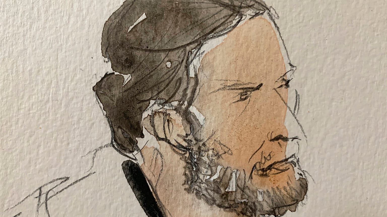 A court-sketch of defendant Salah Abdeslam, made on 8 September 2021