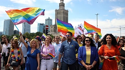Warsaw mayor Rafal Trzaskowski and European Commissioner for Equality Hanna Dalli take part in the 'Warsaw and Kyiv Pride' marching for freedom in Warsaw, Poland, 25 June 2022