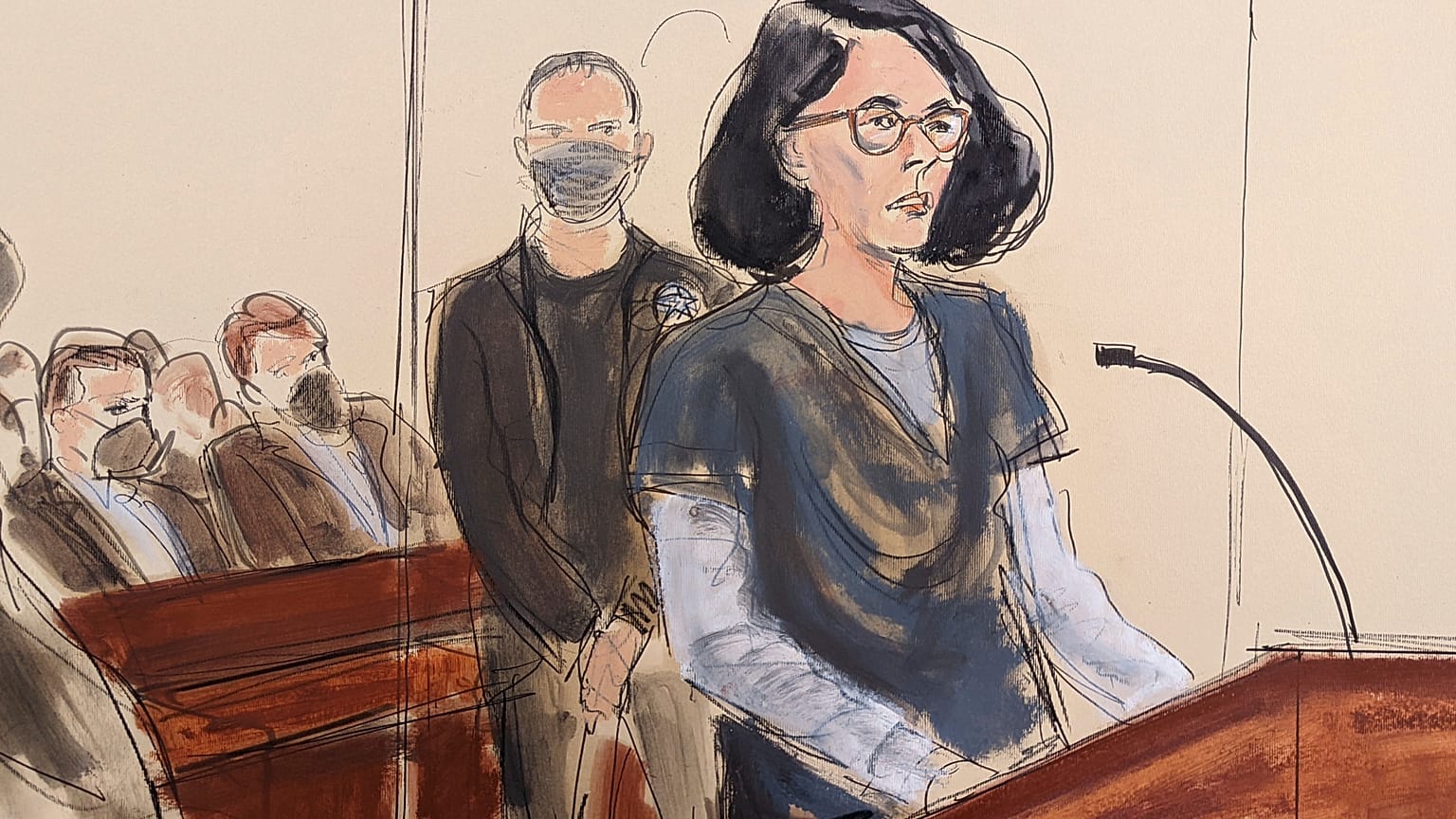 Szkeccsrajz Ghislaine Maxwellről a tárgyalóteremben június 28-án