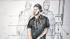 A court-sketch of defendant Salah Abdeslam on the first day of trial, 8 September 2021