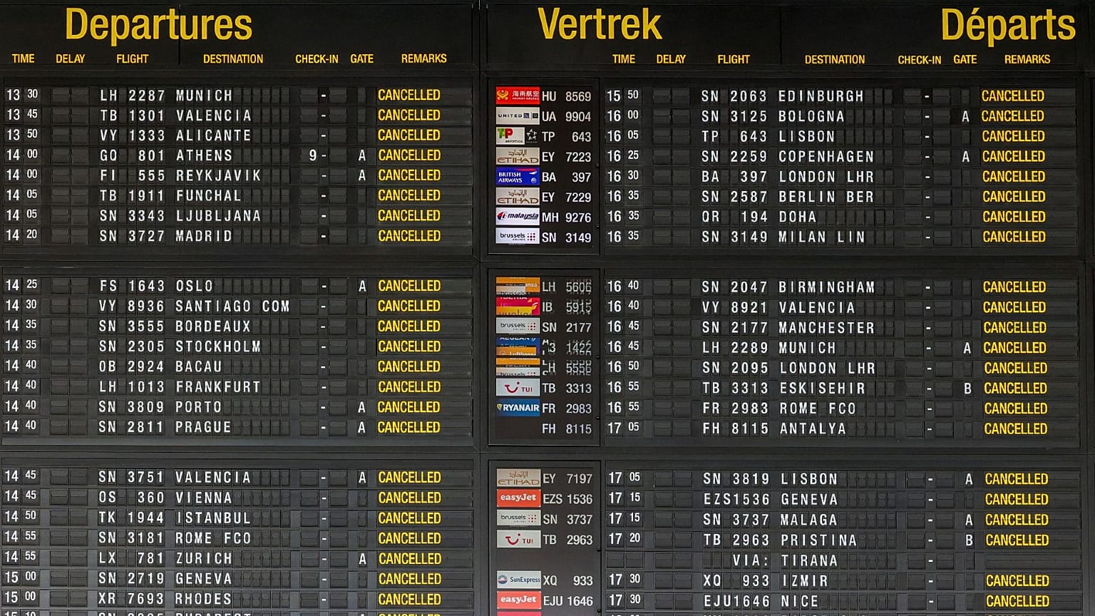  departures board with cancelled flights in the departures hall at Brussels international airport during a general strike in Brussels, Monday, June 20, 2022. 