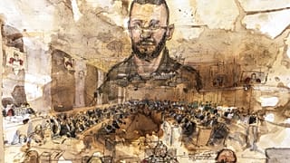 Croquis d'audience :  Salah Abdeslam le 29 juin 2022 au Palais de justice de Paris