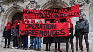 Protesters gather in April to demonstrate against the extradition of the Red Brigades.