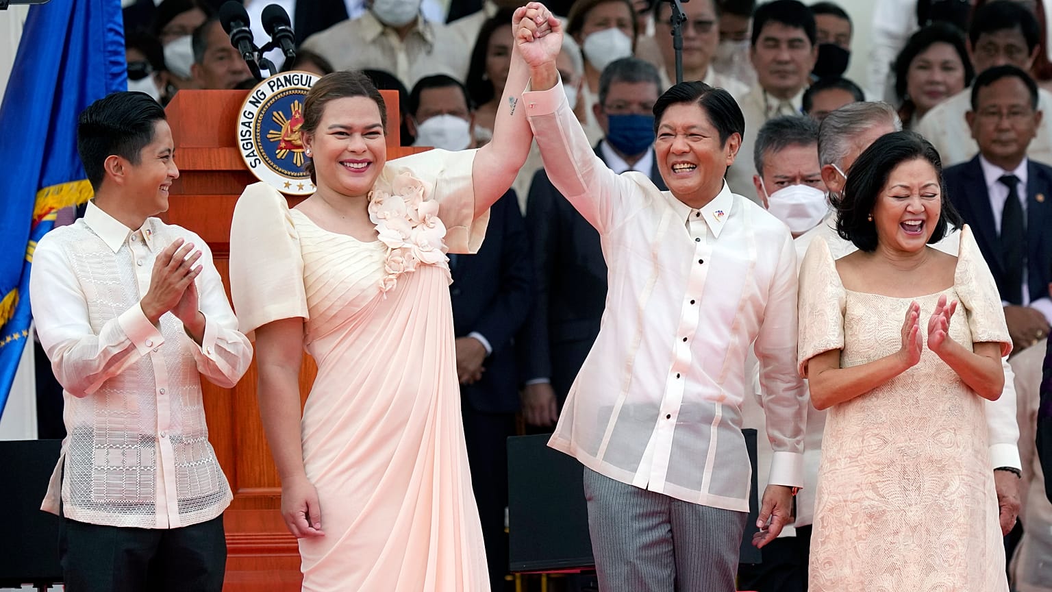 President Ferdinand Marcos Jr., centre right, and Vice President Sara Duterte, daughter of ex-president Rodrigo Duterte, at the inauguration ceremony in Manila, June 30, 2022.