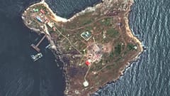 This satellite image released by Maxar Technologies on May 12, 2022, shows an overview of destroyed buildings on Snake Island, belonging to Ukraine located in the Black Sea.