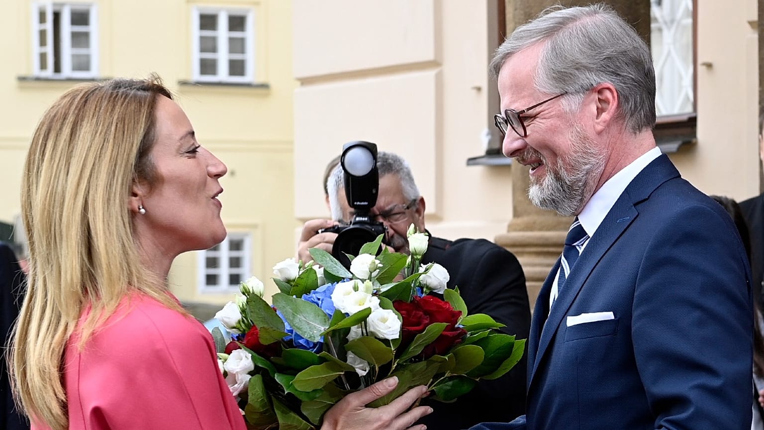Czech Prime Minister Petr Fiala, right, welcomes European Parliament President Roberta Metsola, in Prague, Thursday, June 16, 2022