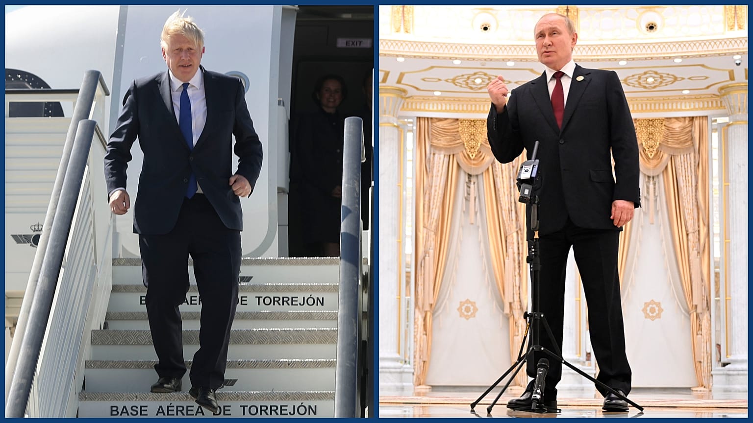 Boris Johnson Madridba érkezésekor, Vlagyimir Putyin türkmenisztáni sajtótájékoztatóján