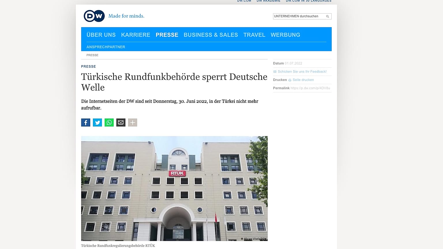 Deutsche Welle Internetseite, Zugriff aus Frankreich am 2. Juli 2022.