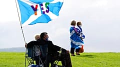 People take part in the All Under One Banner Scottish independence demonstration near Stirling, Scotland, Wednesday, Aug. 19, 2020. 
