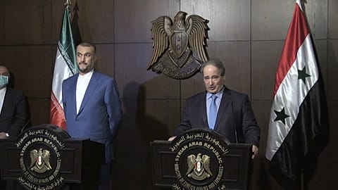 Syrian Foreign Minister Faisal Mekdad and his Iranian counterpart Hossein Amir-Abdollahian hold a press conference