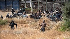 Des migrants traversant le grillage de l'enclave espagnole de Melilla, le 24 juin 2022