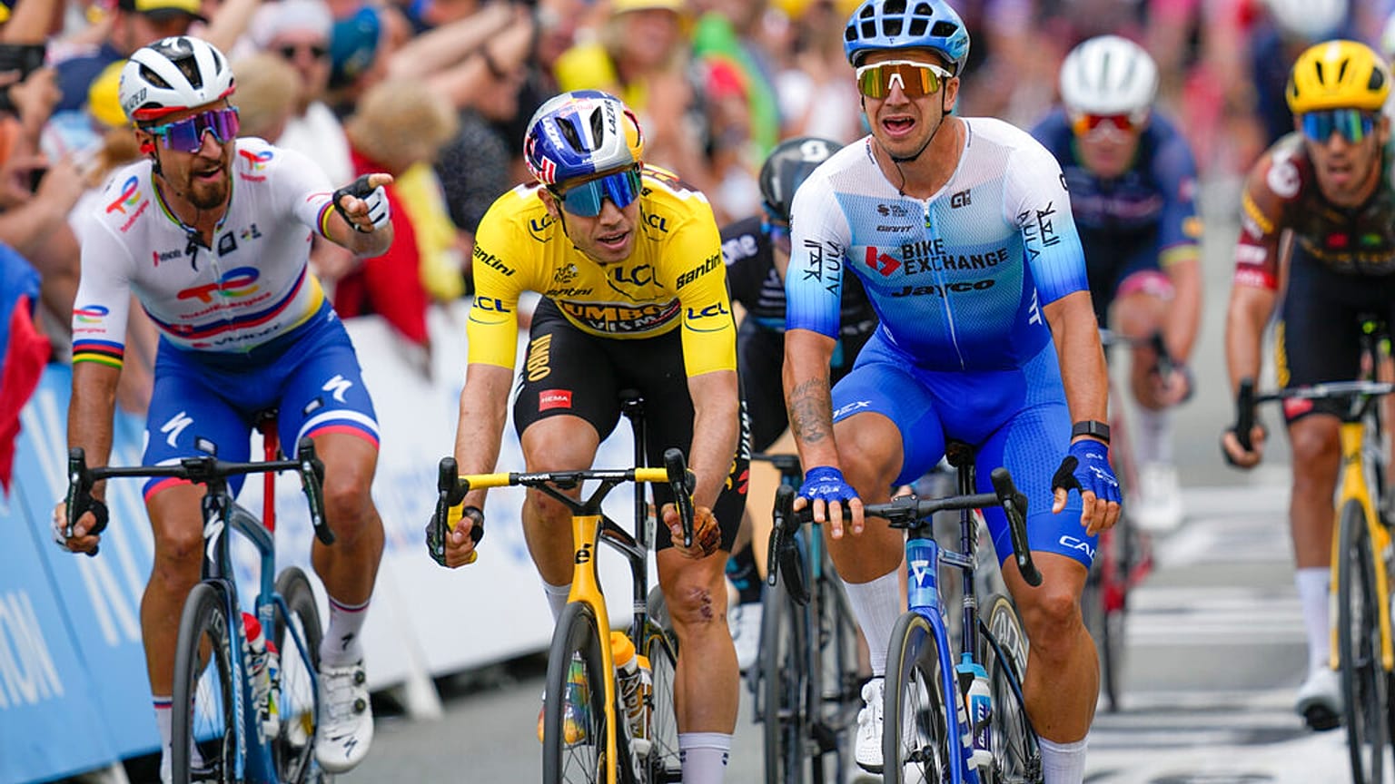 De g. à d. : Peter Sagan, Wout van Aert et Dylan Groenewegen, Sonderborg, Danemark, le 3 juillet 2022