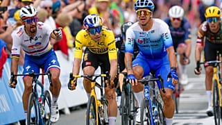 De g. à d. : Peter Sagan, Wout van Aert et Dylan Groenewegen, Sonderborg, Danemark, le 3 juillet 2022