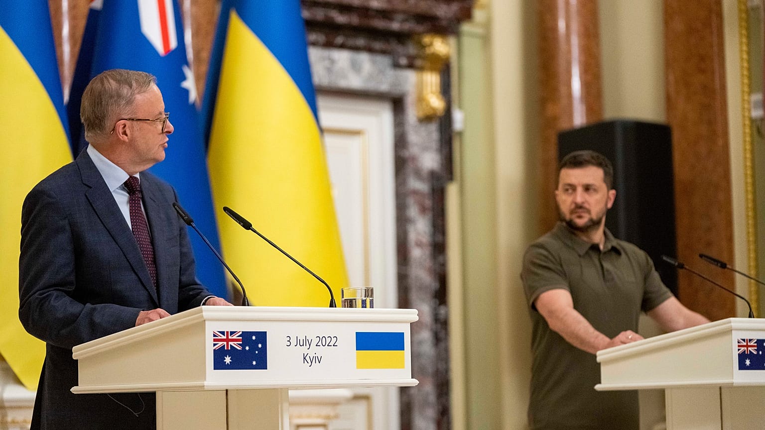 El presidente ucraniano Zelenski en rueda de prensa con el primer ministro australiano Albanese
