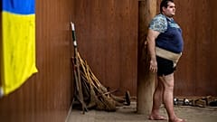 Ukrainian sumo wrestler Oleksandr Veresiuk attends a training session at a gymnastics centre in Soka, Japan