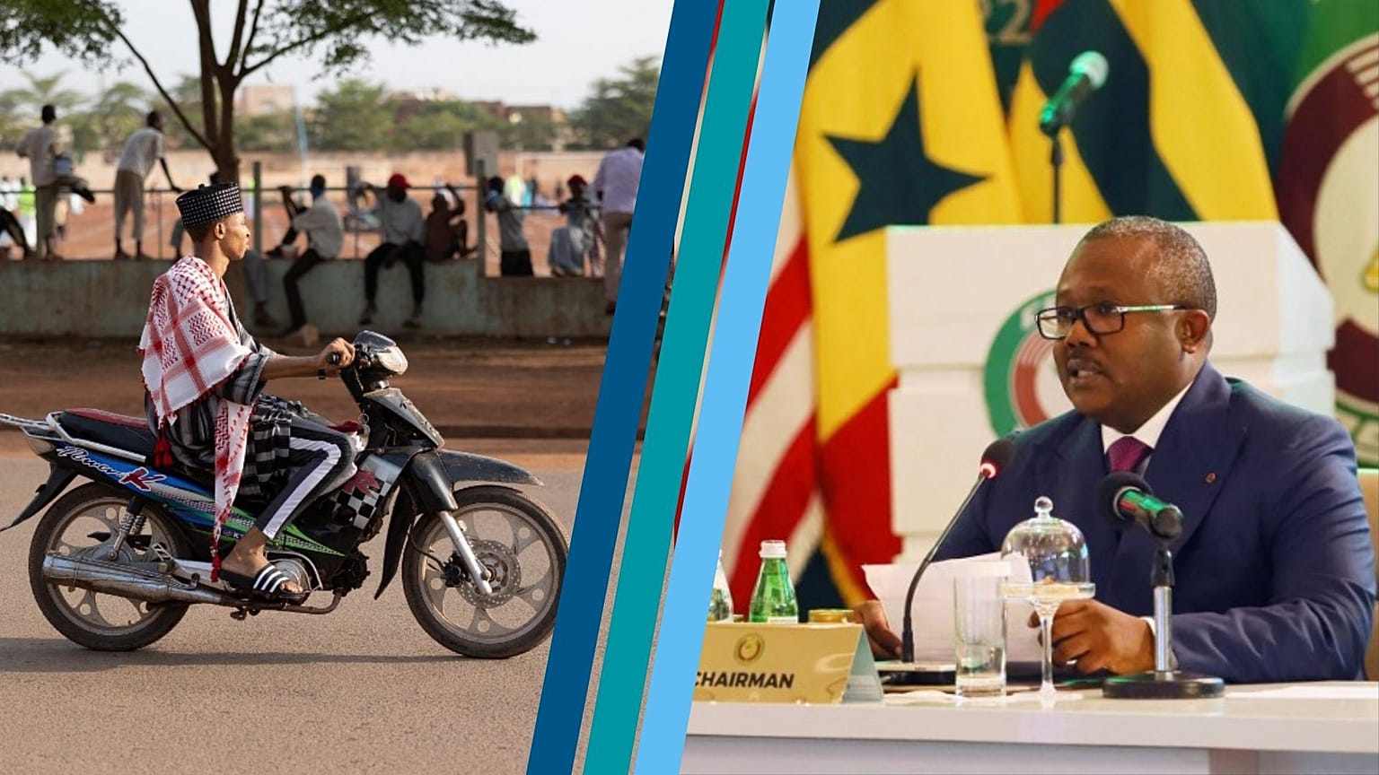 A g. : dans la banlieue de Bamako, le 01/05/2022 - A dr. le président de la Guinée-Bissau lors du sommet de la Cédéao à Accra (Ghana), le 03/07/2022