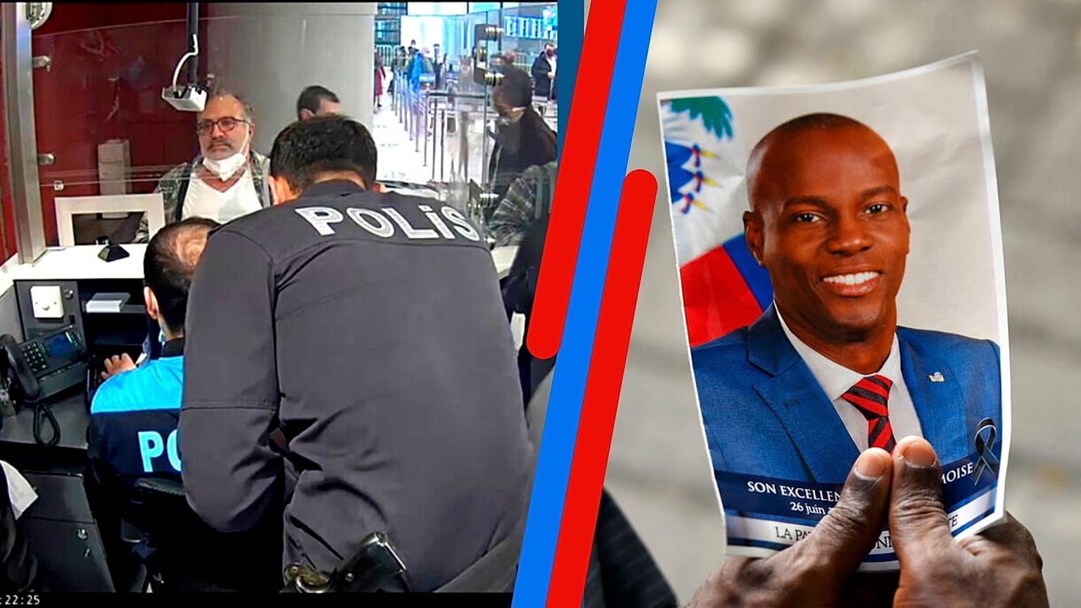 A g. : Samir Handal à son arrivée à l'aéroport d'Istanbul, le 15/11/2021 - A dr. : portrait de Jovenel Moïse, le président haïtien assassiné le 7 juillet (photo du 20/07/2021)
