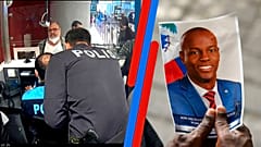 A g. : Samir Handal à son arrivée à l'aéroport d'Istanbul, le 15/11/2021 - A dr. : portrait de Jovenel Moïse, le président haïtien assassiné le 7 juillet (photo du 20/07/2021)