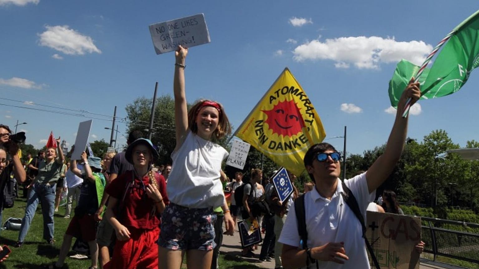 Protesters in Strasbourg raise questions about the EU's taxonomy. 