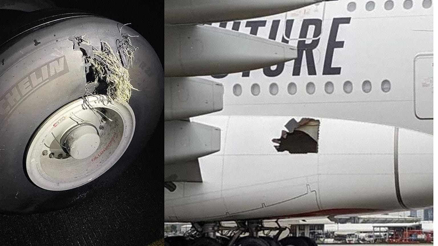 Passengers noticed the large hole gouged into the side of the plane when they disembarked in Australia.