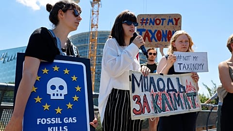 Climate activists demonstrate outside the European Parliament, July 5, 2022 in Strasbourg, eastern France. 