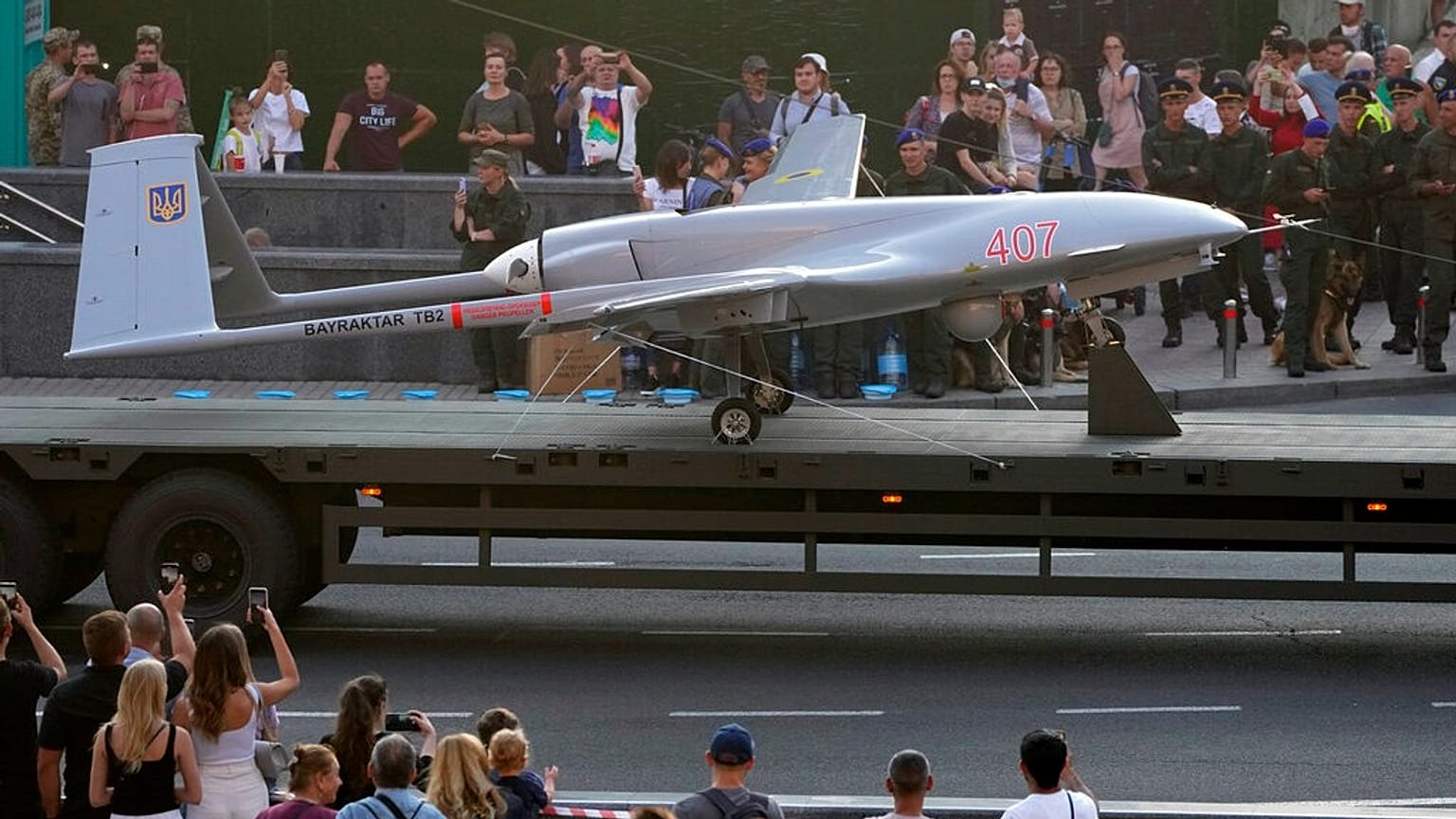 A Bayraktar TB2 drone is displayed during a rehearsal of a military parade dedicated to Independence Day in Kyiv on 20 August 2021