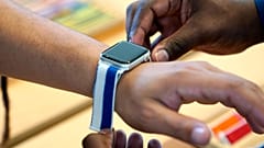An Apple Watch featuring the country of Greece is tried on at an Apple store in Aventura, Florida, USA, July 15, 2021,