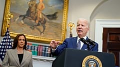 President Joe Biden speaks about abortion access with US Vice-President Kamala Harris in the Roosevelt Room of the White House, Friday, July 8, 2022, in Washington. 
