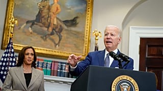 President Joe Biden speaks about abortion access with US Vice-President Kamala Harris in the Roosevelt Room of the White House, Friday, July 8, 2022, in Washington.