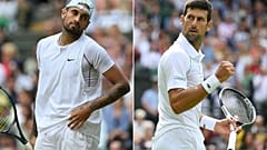 This combination of pictures created on July 9, 2022 shows Australia's Nick Kyrgios (L) and Serbia's Novak Djokovic (R). They meet in Sunday's Wimbledon men's singles final.a