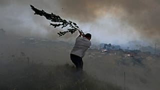 Un homme tente d'éteindre un feu proche de maison avec une branche, Leiria au Portugal, le 12 juillet 2022
