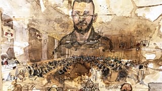 A court sketch of main defendant Salah Abdeslam during the trial in Paris on June 29.