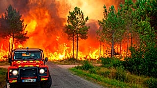 Cette photo fournie par les pompiers de la Gironde (SDIS33) montre un feu de forêt près de Landiras, dans le sud-ouest de la France, mercredi 13 juillet.