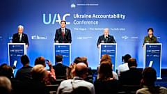 Pressekonferenz mit EU-Justizkommissar Reynders, Außenminister Hoekstra der Niederlande, Chefankläger Khan und Generalstaatsanwältin der Ukraine Wenediktowa