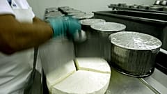 An employee works at a feta factory in Erythres, near Athens.