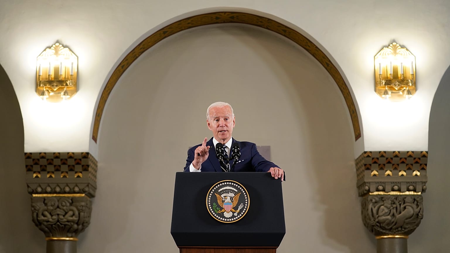 US President Joe Biden gives his remarks after his visit to Augusta Victoria Hospital in east Jerusalem, Friday, July 15, 2022.