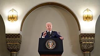 US President Joe Biden gives his remarks after his visit to Augusta Victoria Hospital in east Jerusalem, Friday, July 15, 2022.