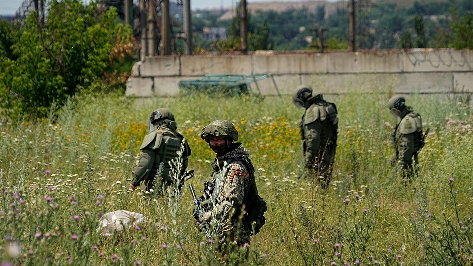 Russian troops on territory which is under the Government of the Donetsk People's Republic control, eastern Ukraine, Wednesday, July 13, 2022.