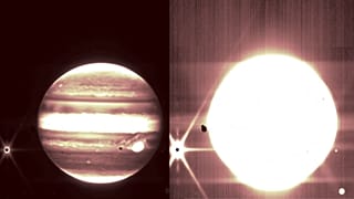 Jupiter and some of its moons are seen through the James Webb Space Telescope.