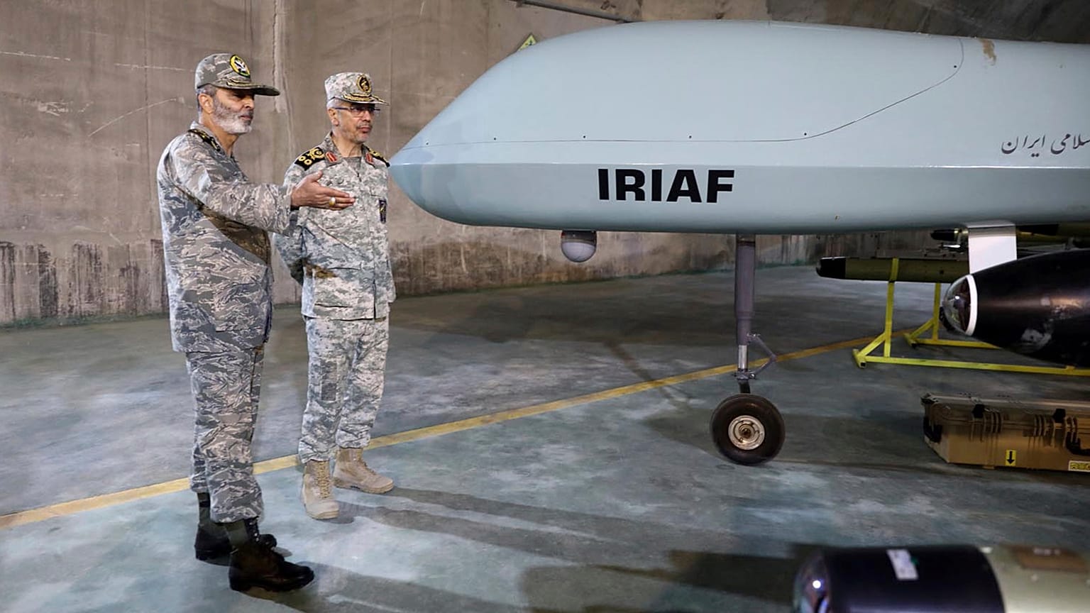 Top Iranian military officials Gen. Mohammad Hossein Bagheri and Gen. Abdolrahim Mousavi visit an underground drone base tunnel in western Zagros Mountain on 29 May 2022