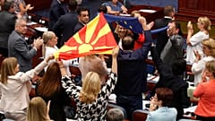 North Macedonia's ruling coalition celebrates the vote on 16 July 2022.