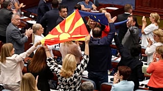 North Macedonia's ruling coalition celebrates the vote on 16 July 2022.