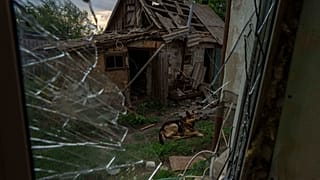 Ein Hund, der durch einen russischen Raketenangriff verletzt wurde, sitzt im beschädigten Hof seiner Besitzer am Rande von Pokrowsk, Ostukraine