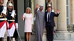 France's President Emmanuel Macron and his wife Brigitte welcome the UAE's President Sheikh Mohammed Bin Zayed at the Elysee Palace in Paris, Monday, July 18, 2022.