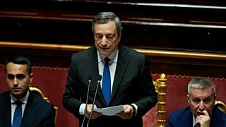 Italian PM Mario Draghi (C), Foreign Minister Luigi Di Maio (L), Defense Minister Lorenzo Guerini (R) delivers his speech at the Senate in Rome, Wednesday 20 July 2022
