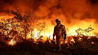 Tactical firefighters (wearing yellow gear) set a backfire to a plot of land to prevent the wildfire from spreading in Louchats, south-western France, on July 17, 2022.