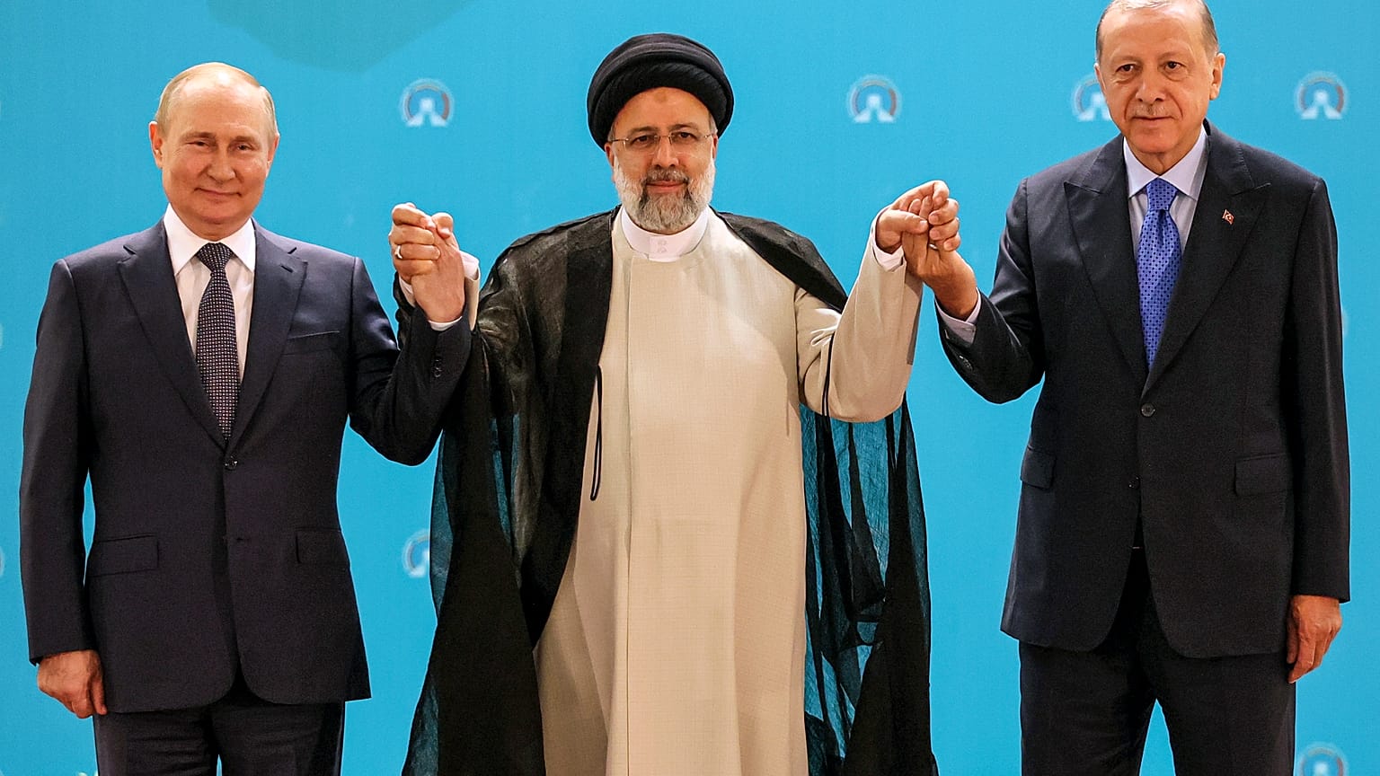  Vladimir Putin, Ebrahim Raisi e Recep Tayyip Erdogan nel palazzo Saadabad a Tehran, Iran, , 