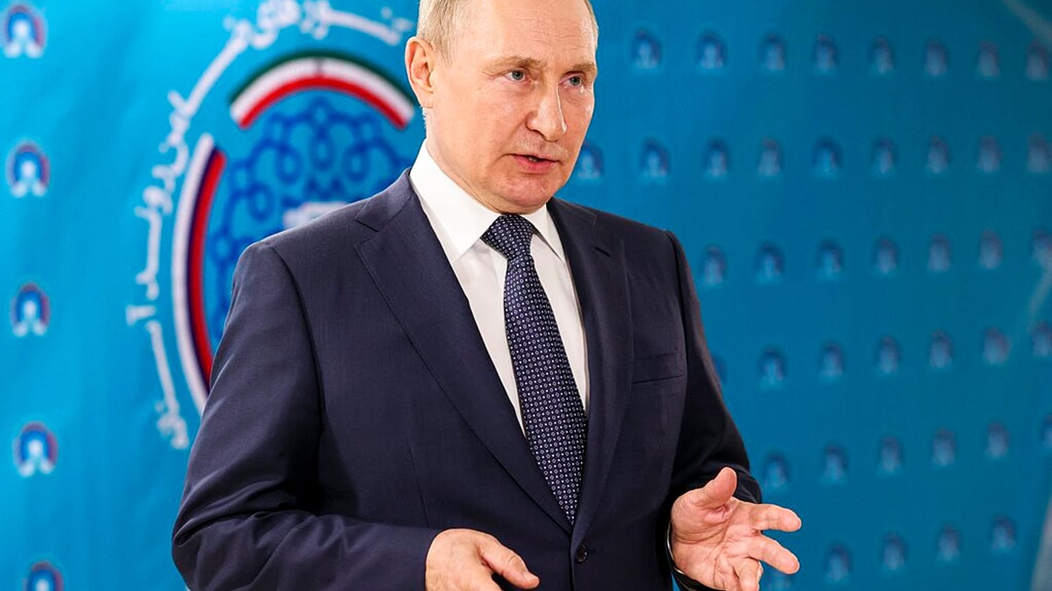 Russian President Vladimir Putin speaks to the media after his talks with Iranian President Ebrahim Raisi and Turkish President Recep Tayyip Erdogan at the Saadabad palace