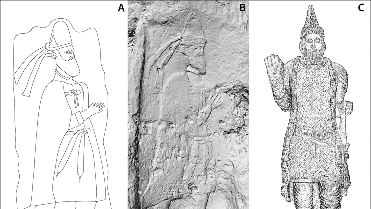 A) Merquly rock-relief; B) Rabana rock-relief; C) statue from Hatra of King ʾtlw/Attalos of Adiabene